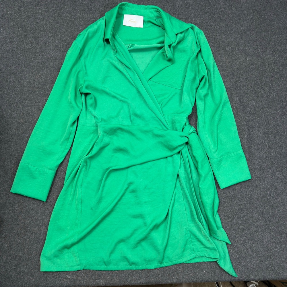 Kasia Green Cotton Collared Wrap Dress Size Large L Resort Wear Casual